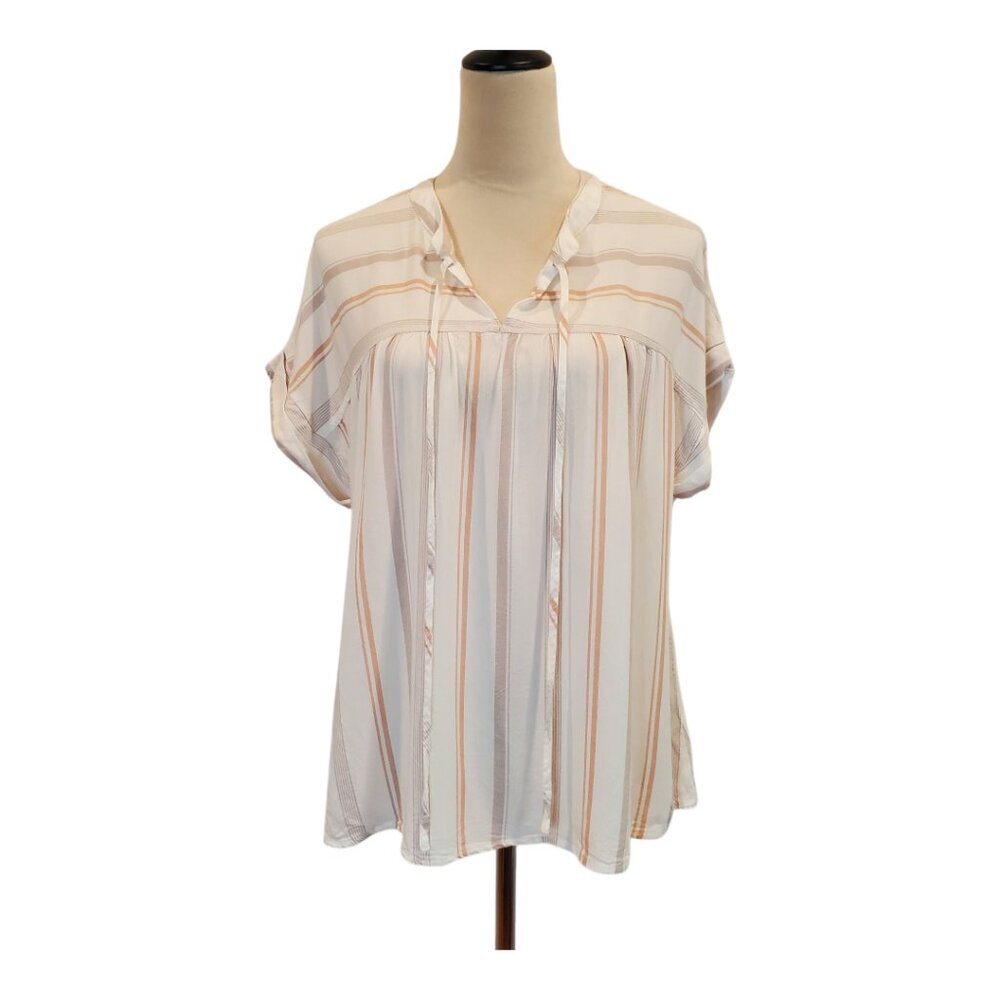 BLU PEPPER SZ L Women's Striped Tie-front 100% Rayon Short Sleeve Top